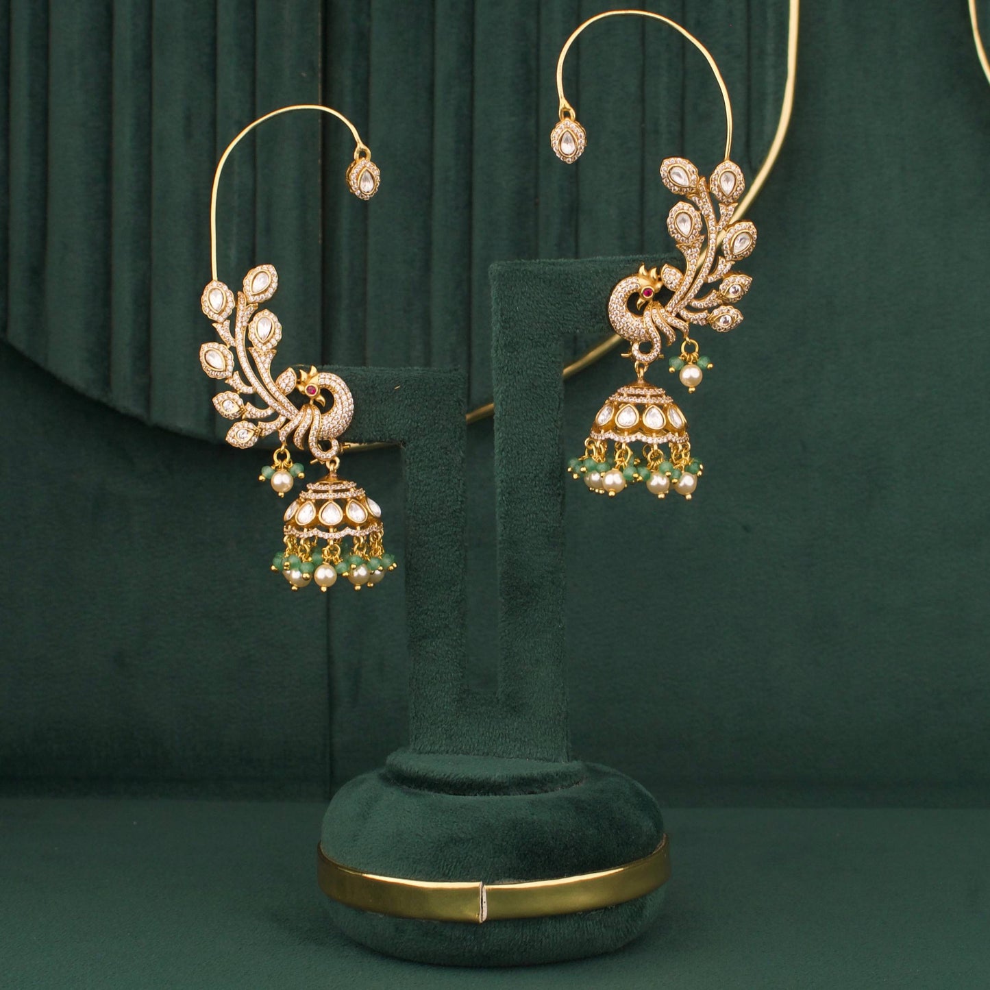 Designer Peacock Full Kaan Earrings With Green Beads