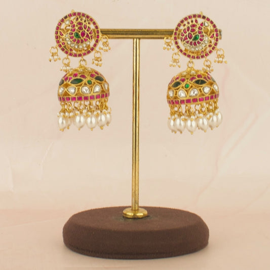 Bridal Gold Style Jadau Kundan Jhumki with Beads