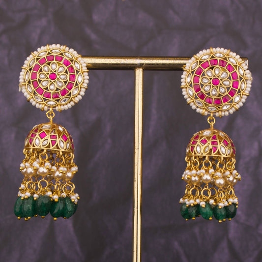 Classic Jadau Kundan Jhumki Floral Studded With Swarovski Russian Hangings
