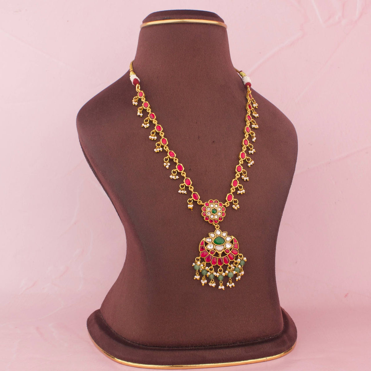 Dainty Jadau Kundan Necklace With Green Drops
