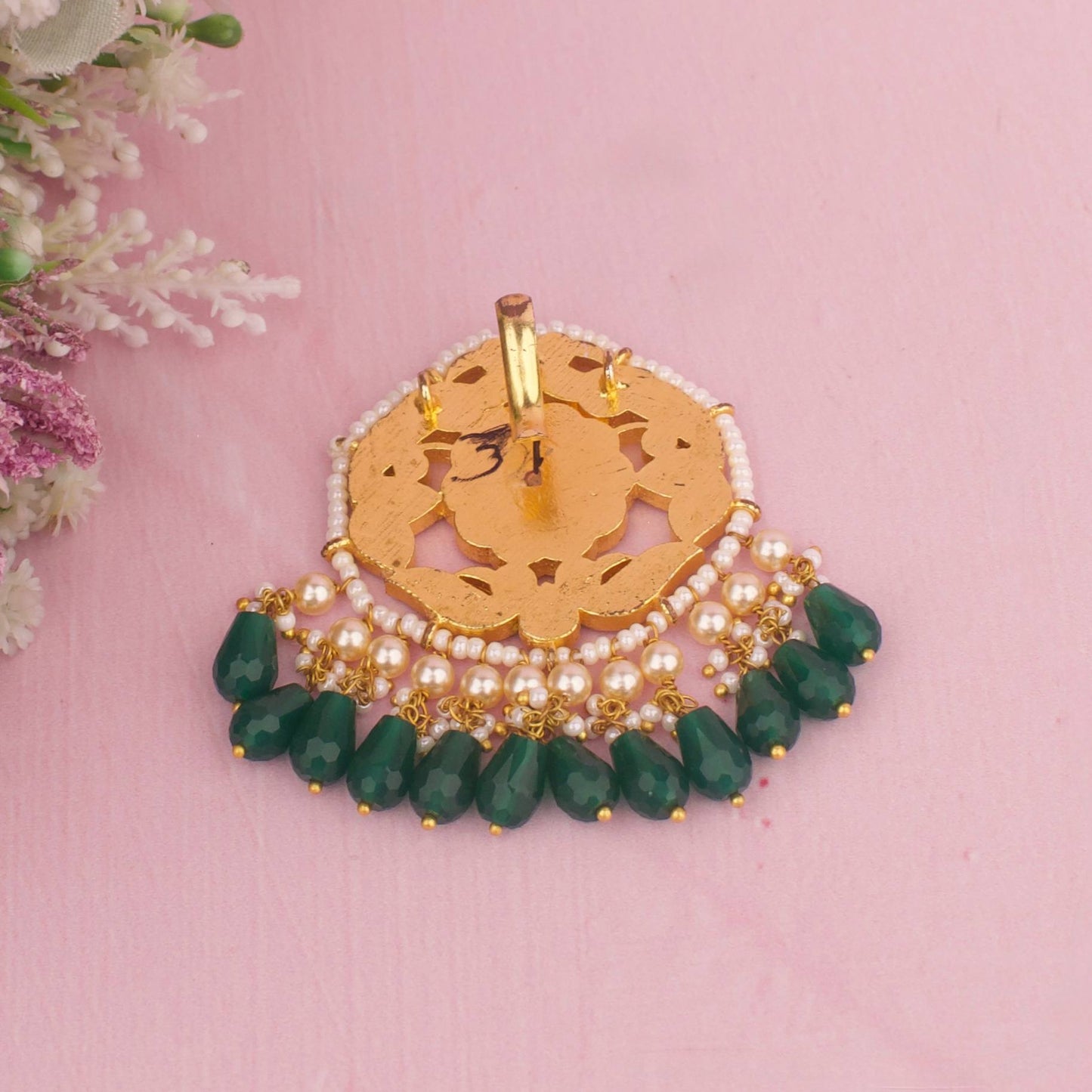 Moissanite Polki Pendant With Green Beads As Hangings