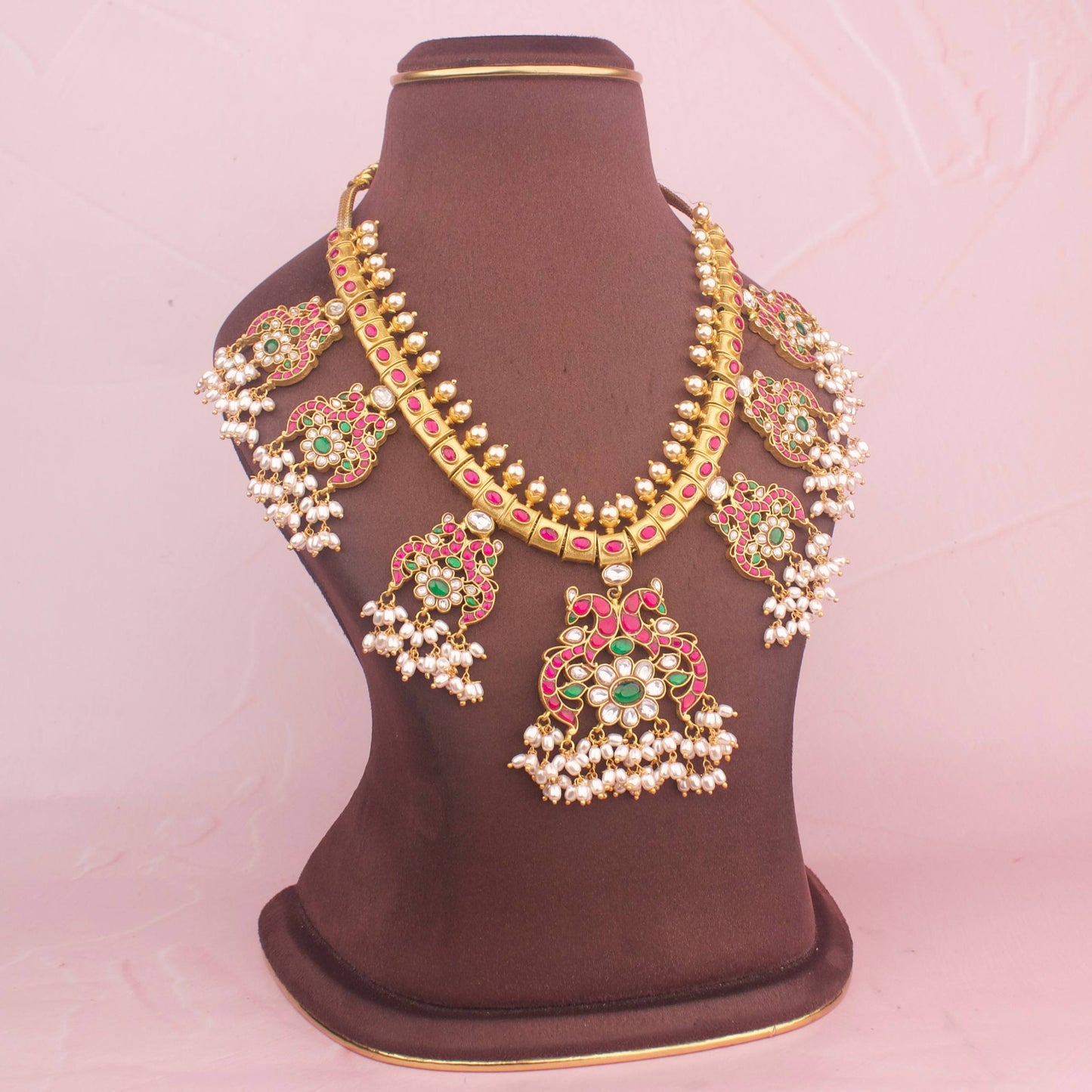Close-Up Detail View of Peacock Design Jadau Kundan Guttapusalu Necklace | Dulhan Jewels
