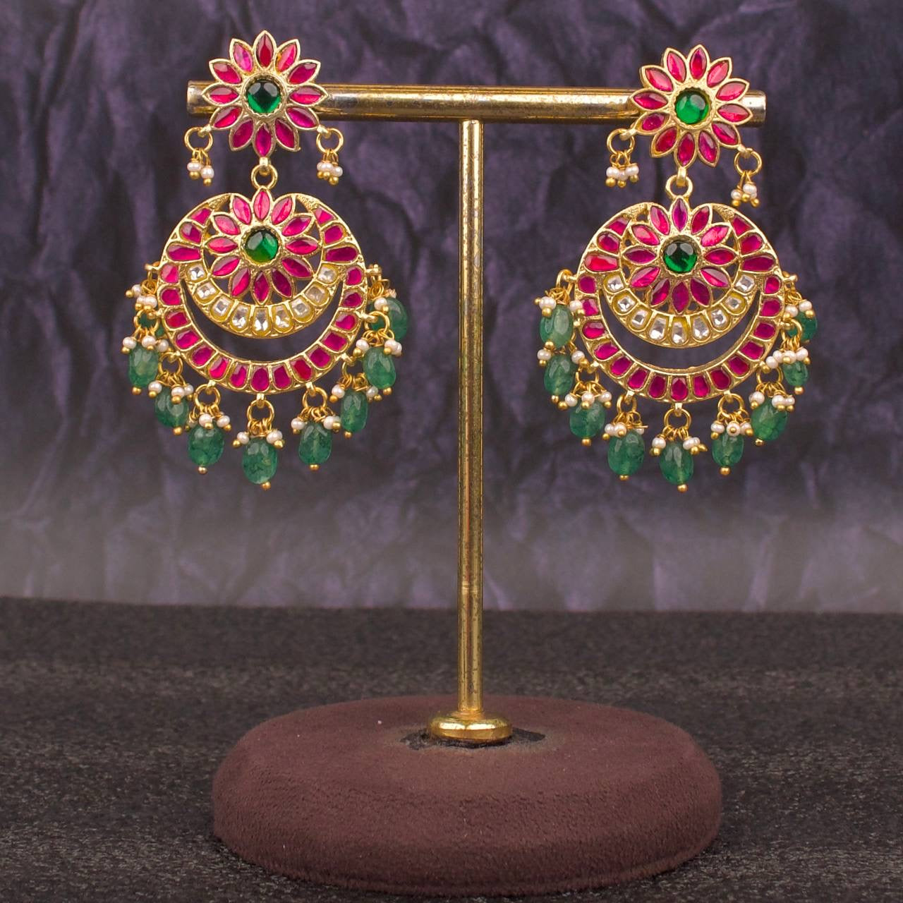 Floral Studded Bridal Chandbali Earrings With Beads Hangings