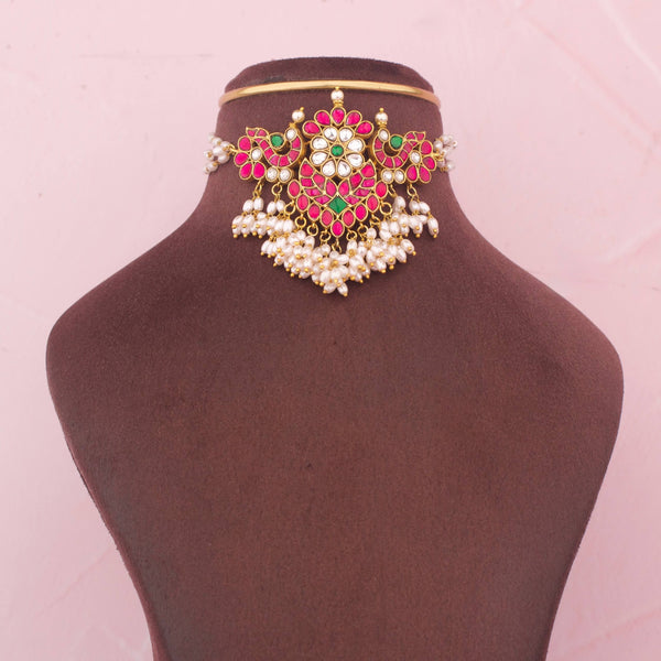 Ethnic Jadau Kundan Choker Necklace With Pearl Hangings