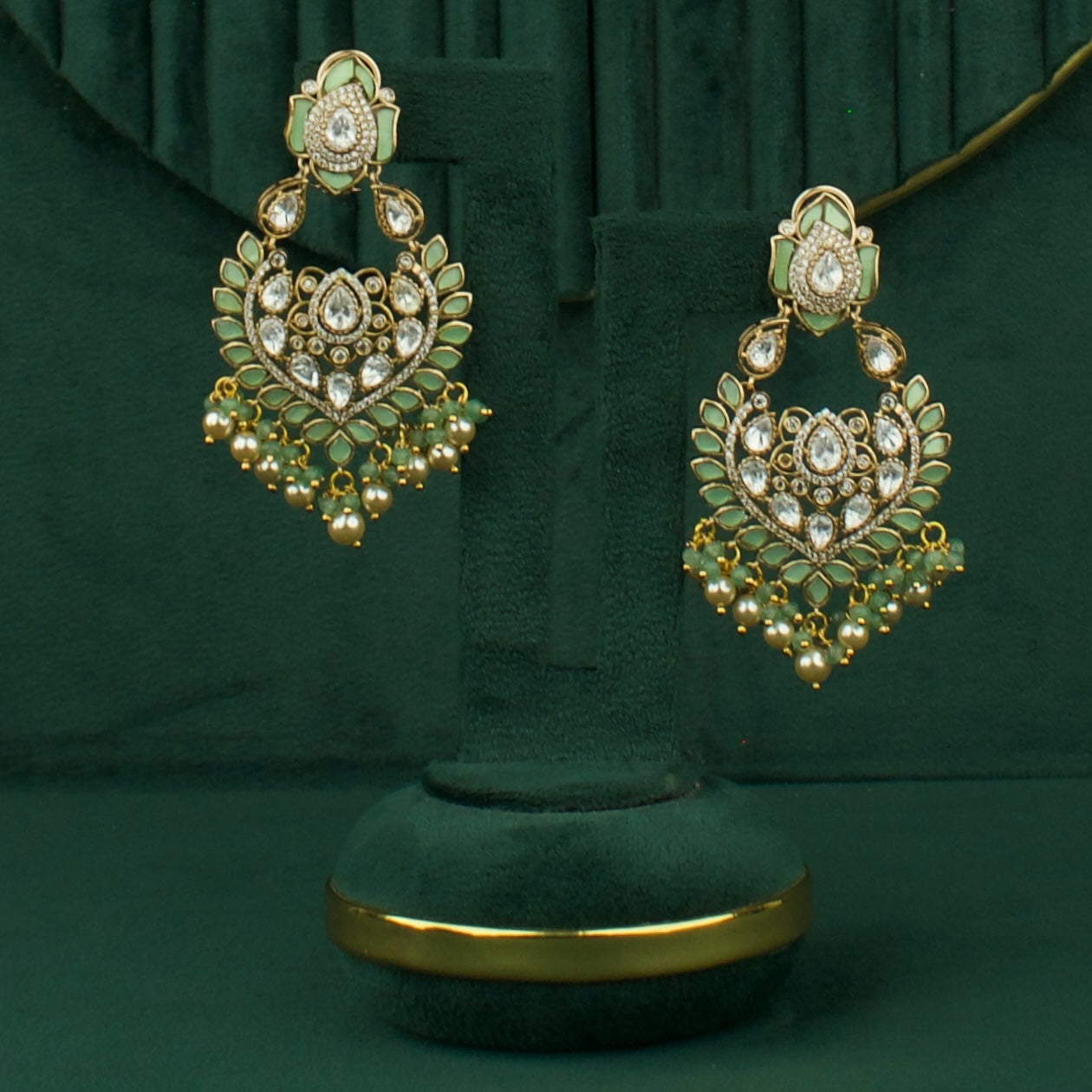 Side view of premium Bridal Polki Victorian ChandBali with Swarovski Pearls