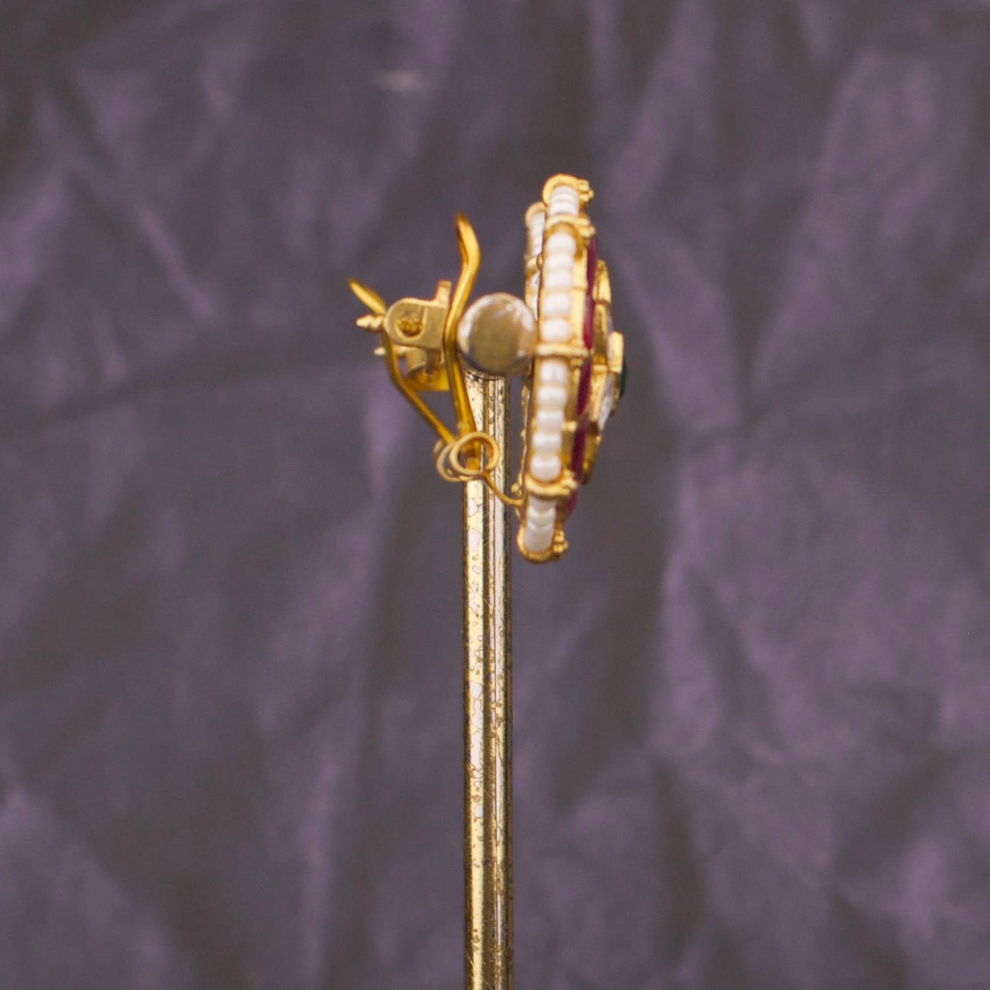 Floral Multi-Stone Kundan Stud Earrings With Ruby And Green Center Stone