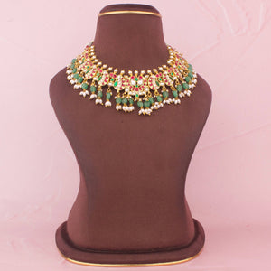 Ethnic Jadau Kundan Necklace With Ricepearl Hangings