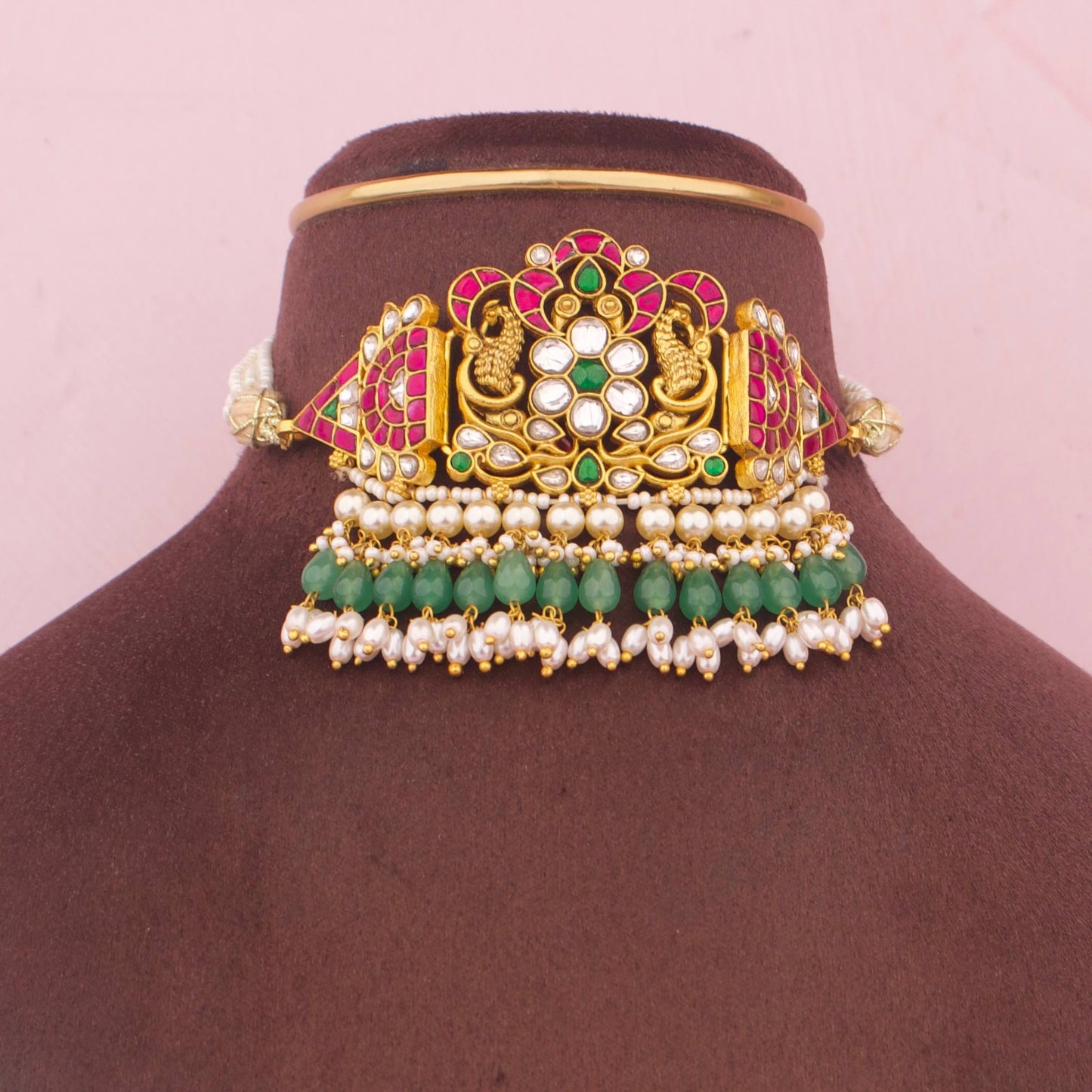 Temple Style Jadau Kundan Choker With Rice Pearl Hangings