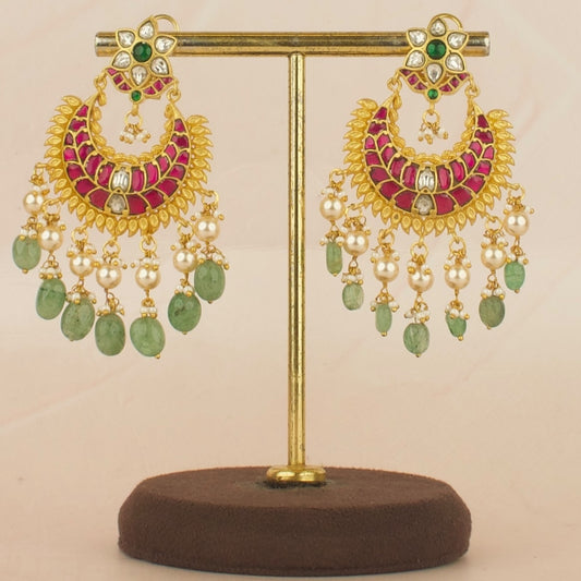 Floral Design Studded Jadau Kundan Chandbali with Green Beads
