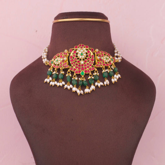 Jadau Kundan Designer Choker with Floral Motifs, Emerald Beads And Pearl Danglers
