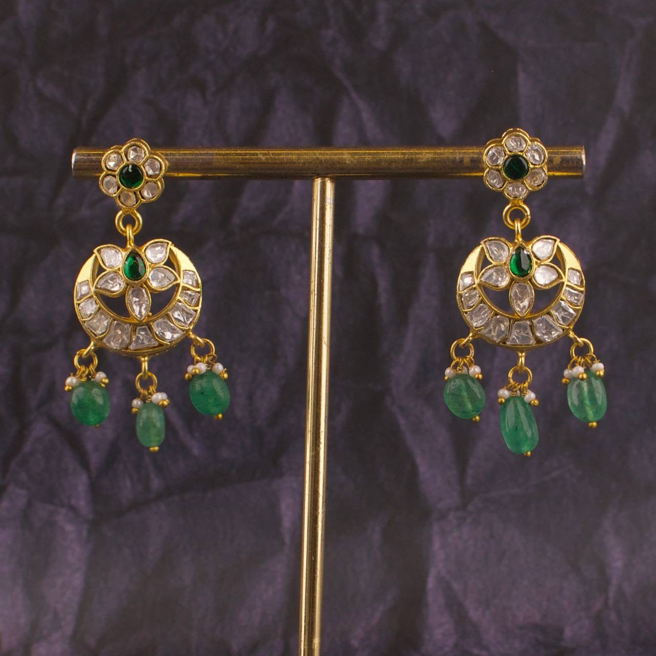 Floral Studded Jadau Kundan Hanging Earrings With Beads Hanging