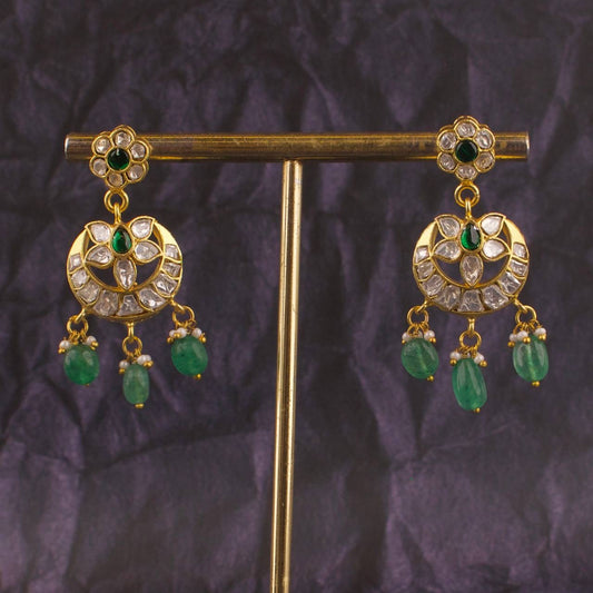Floral Studded Jadau Kundan Hanging Earrings With Beads Hanging