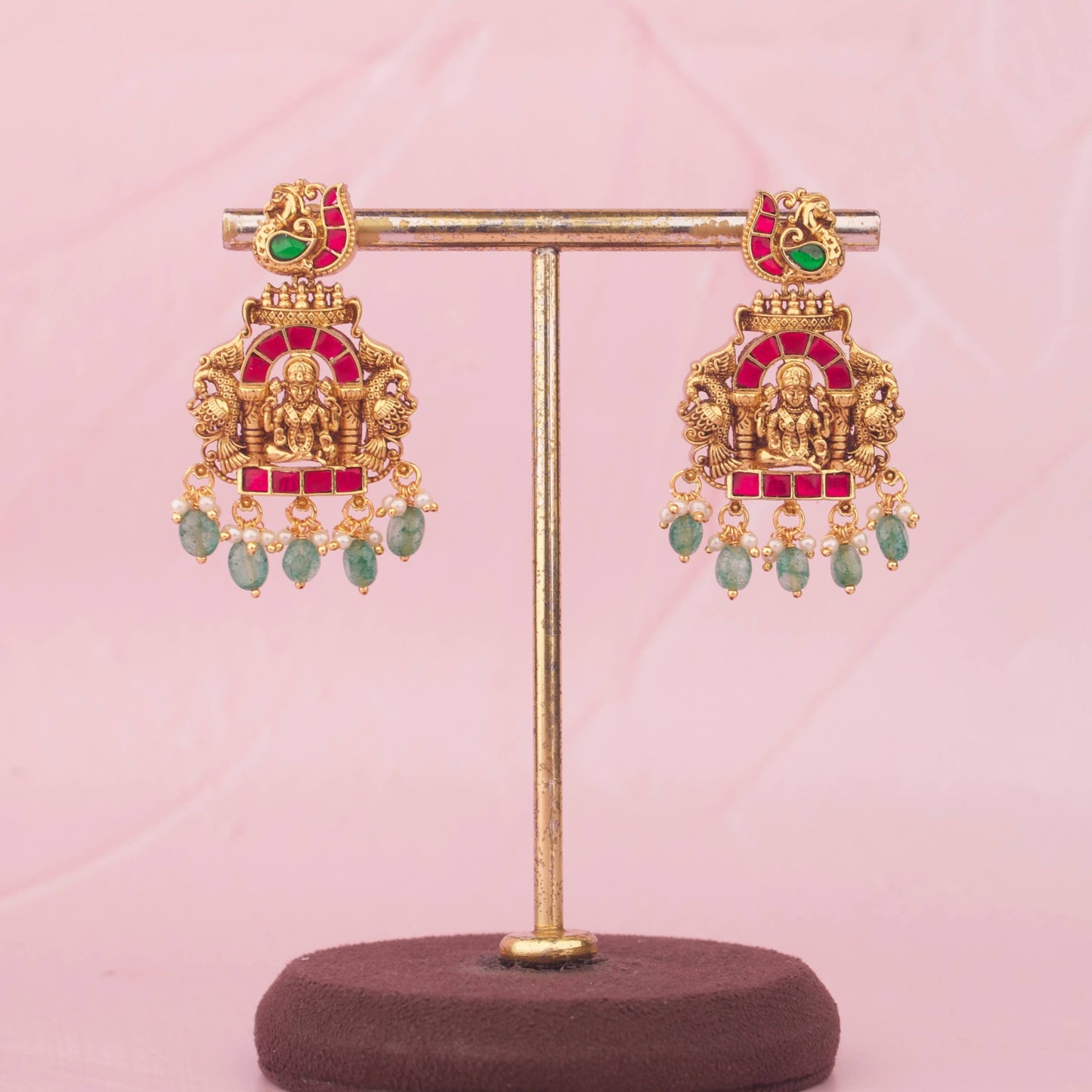 Jadau Kundan Lakshmi Temple Necklace Set With Green Beads