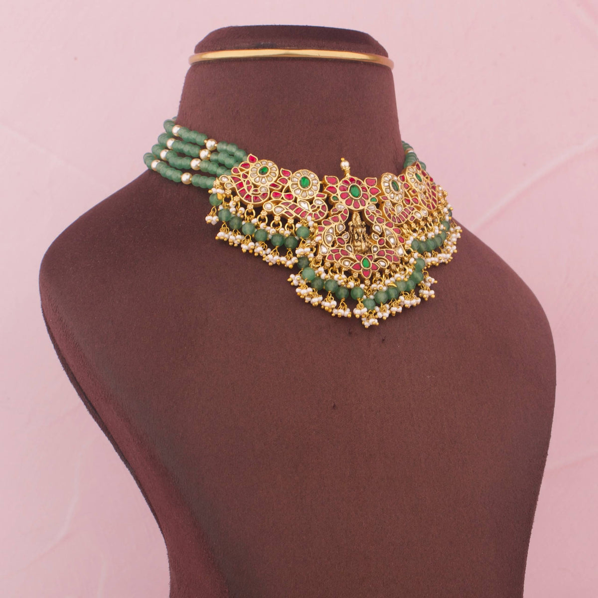 Green Beaded Kundan Choker With Pearl Hangings