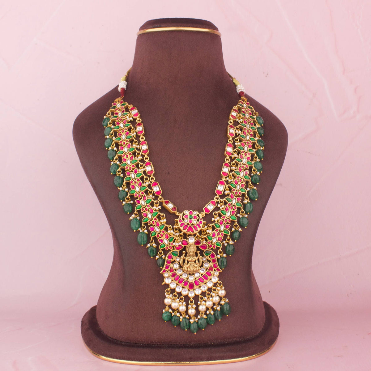Premium Jadau Kundan Long Necklace Set With Goddess Lakshmi Pendant - Alternate View 1