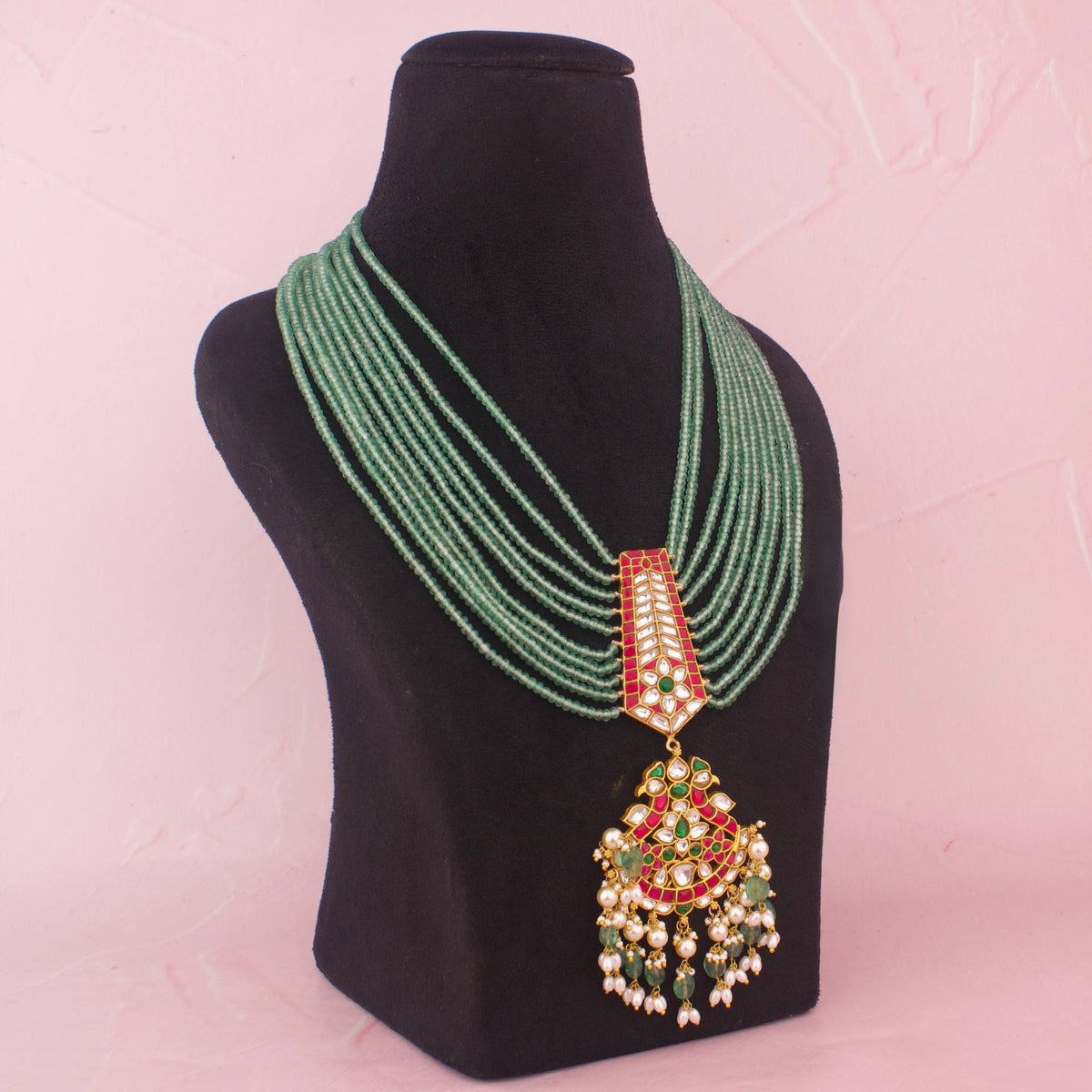 Multilayer Green Beads Mala With Royal Kundan Pendant