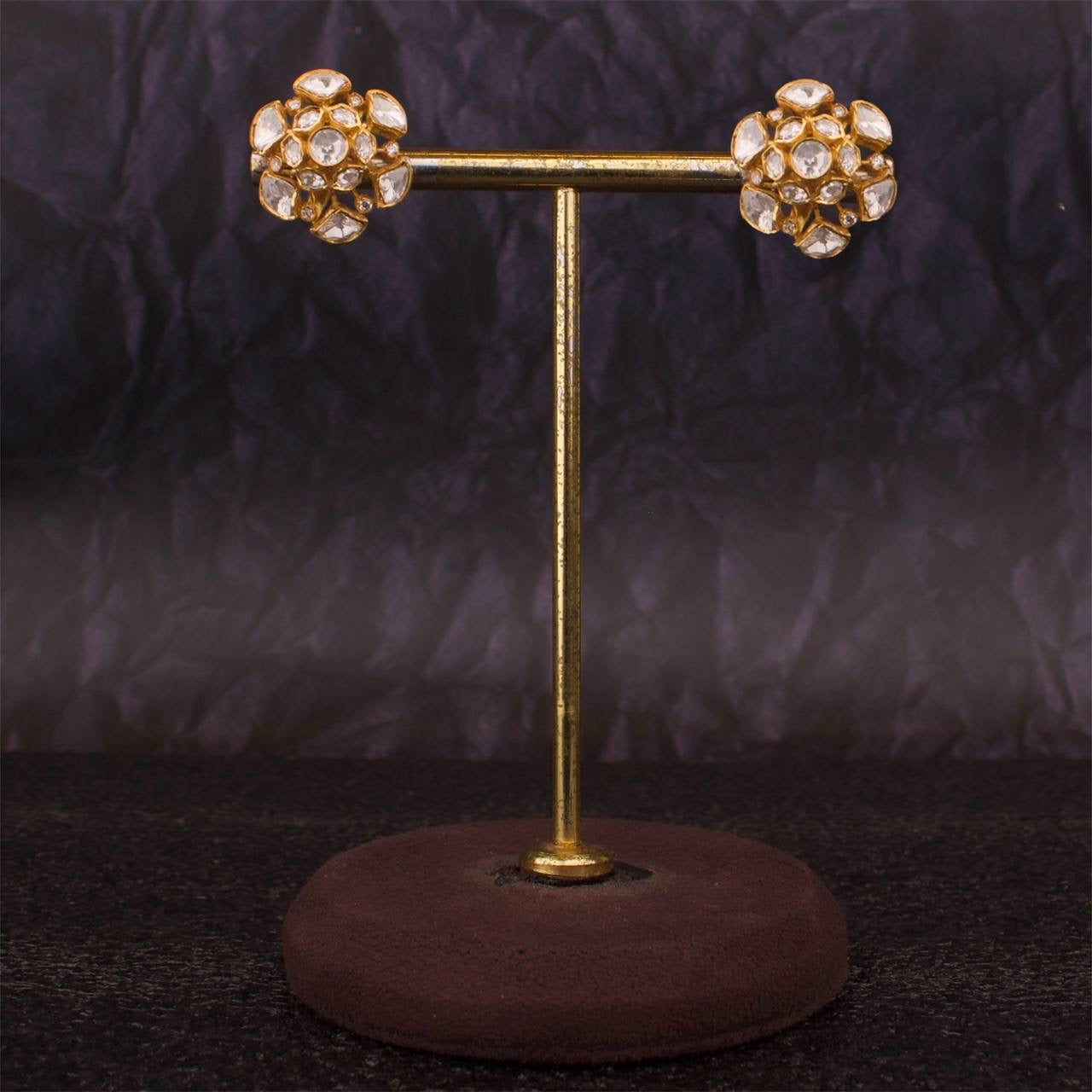 Floral Studded Moissanite Polki 22k Gold Plated Stud Earrings