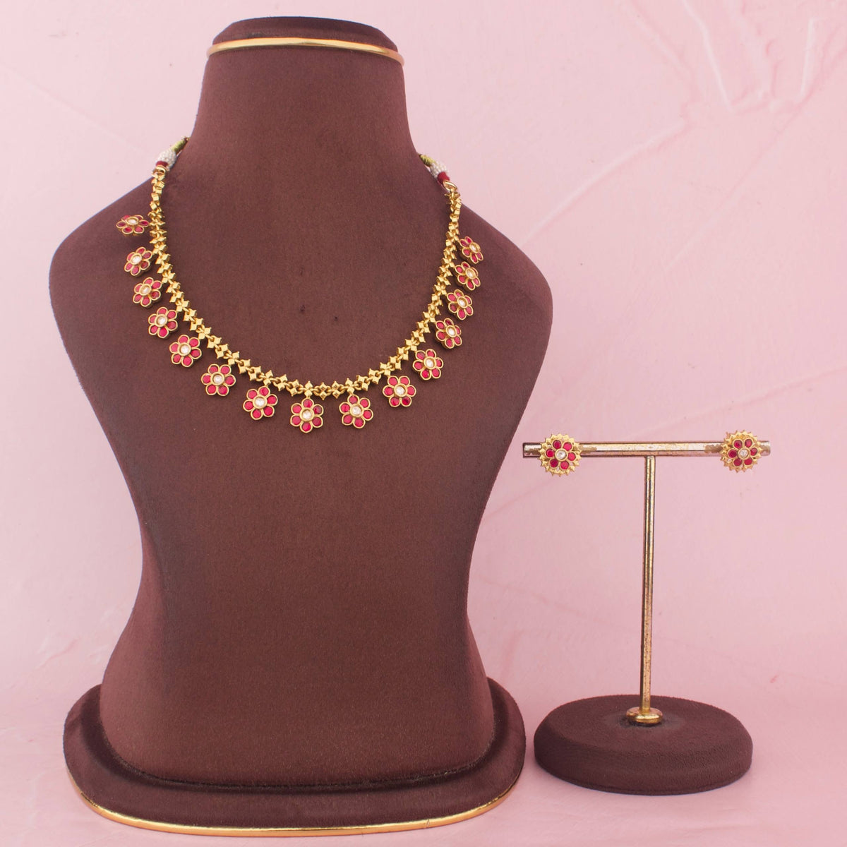 Gold Style Jadau Kundan Floral Necklace With Earrings - Handcrafted Indian Bridal Jewelry by Dulhan Jewels