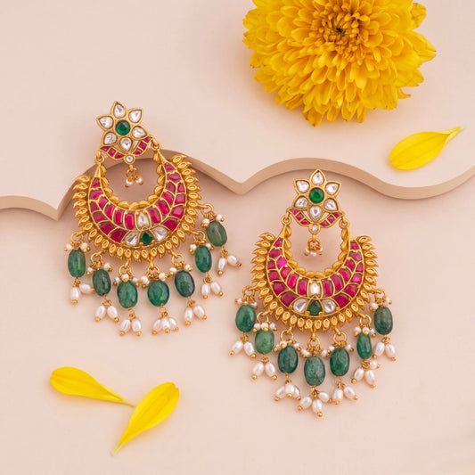 Floral Studded Jadau Kundan Chandbali Earrings With Pearl & Beads Hanging