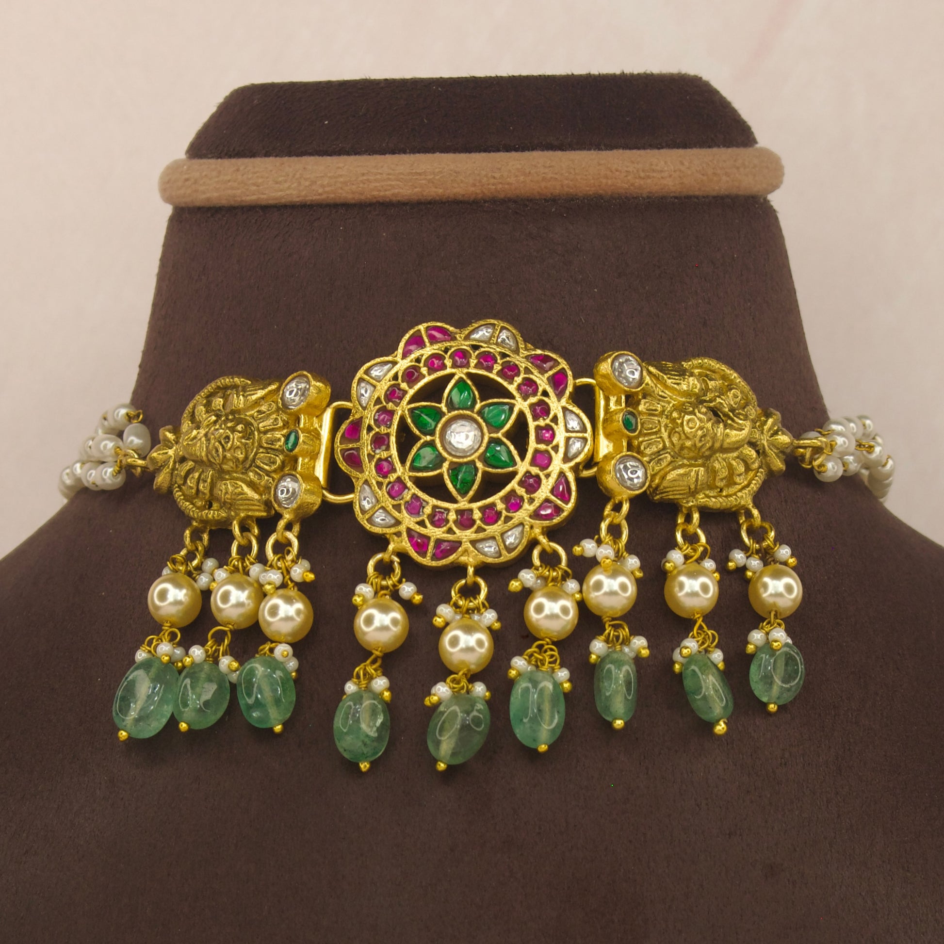 Elegant Jadau Kundan Choker with Nakshi Work and Pearl Drops with 22k gold plating