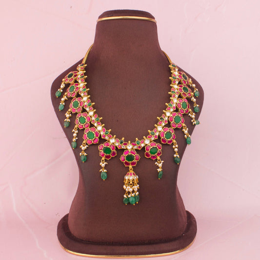 Gold Finish Floral Jadau Kundan Bottumala Necklace