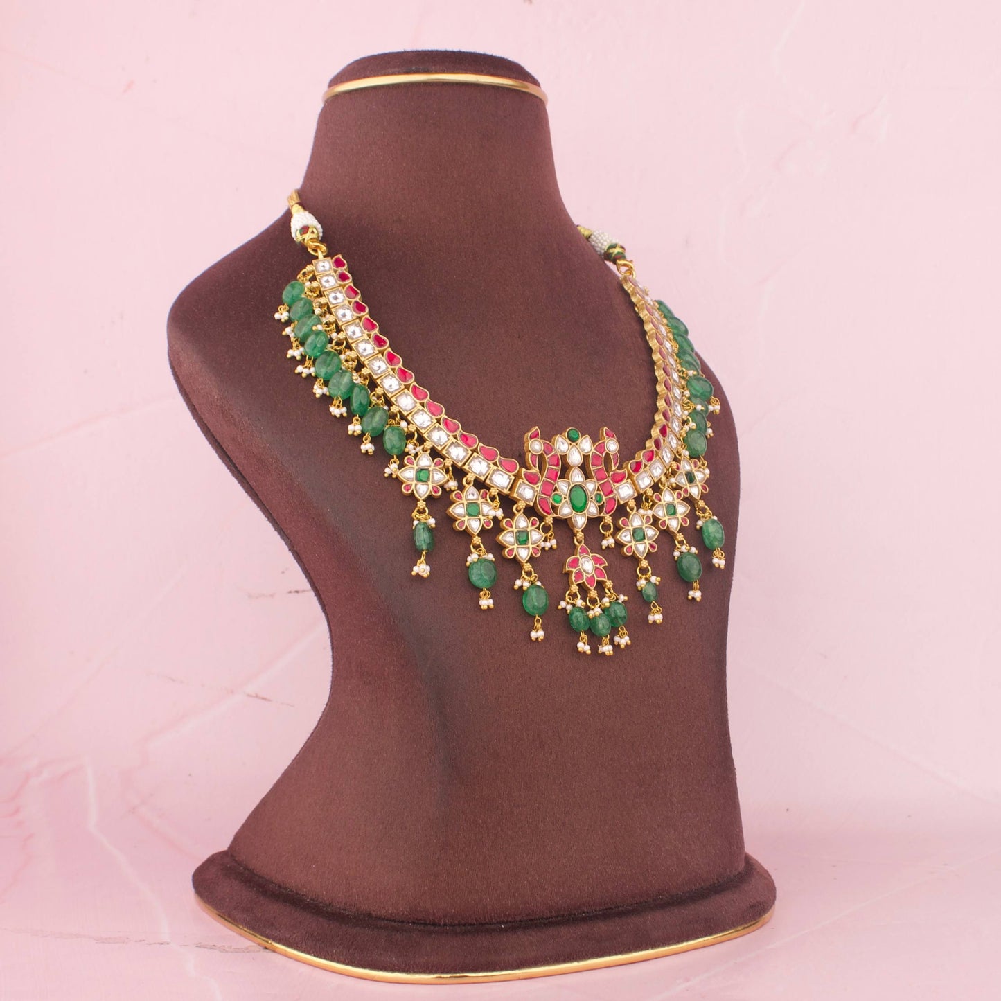 Majestic Peacock Design Jadau Kundan Necklace With Green Bead Hangings