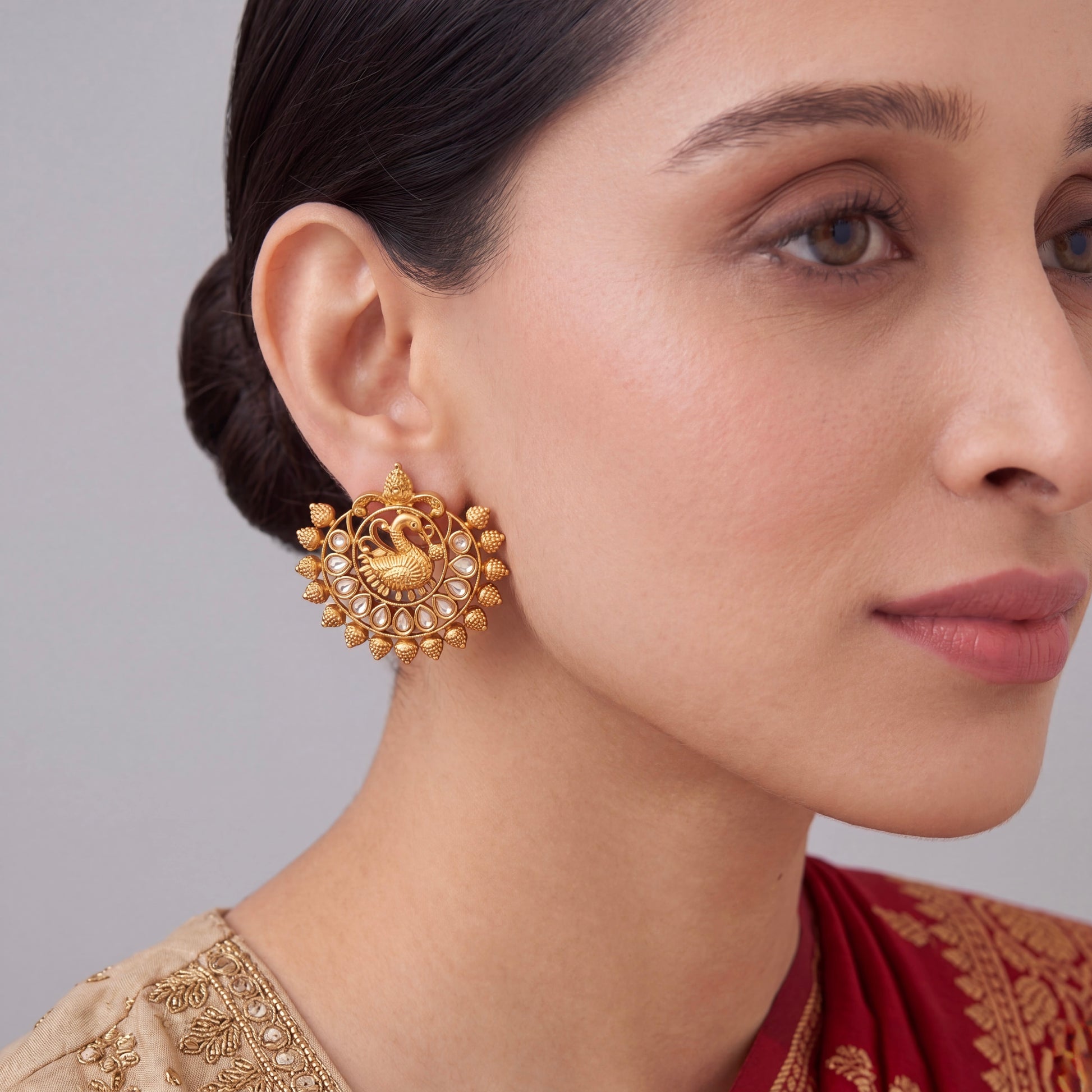 Traditional Temple Style Peacock Kundan Stud Earrings Craftsmanship & Detail View - Dulhan Jewels