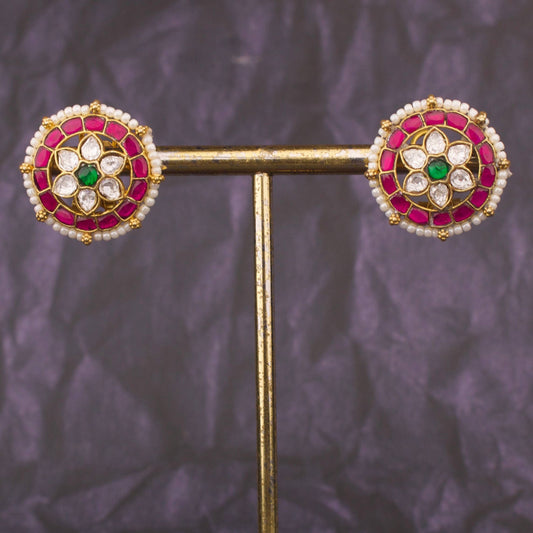 Floral Multi-Stone Kundan Stud Earrings With Ruby And Green Center Stone