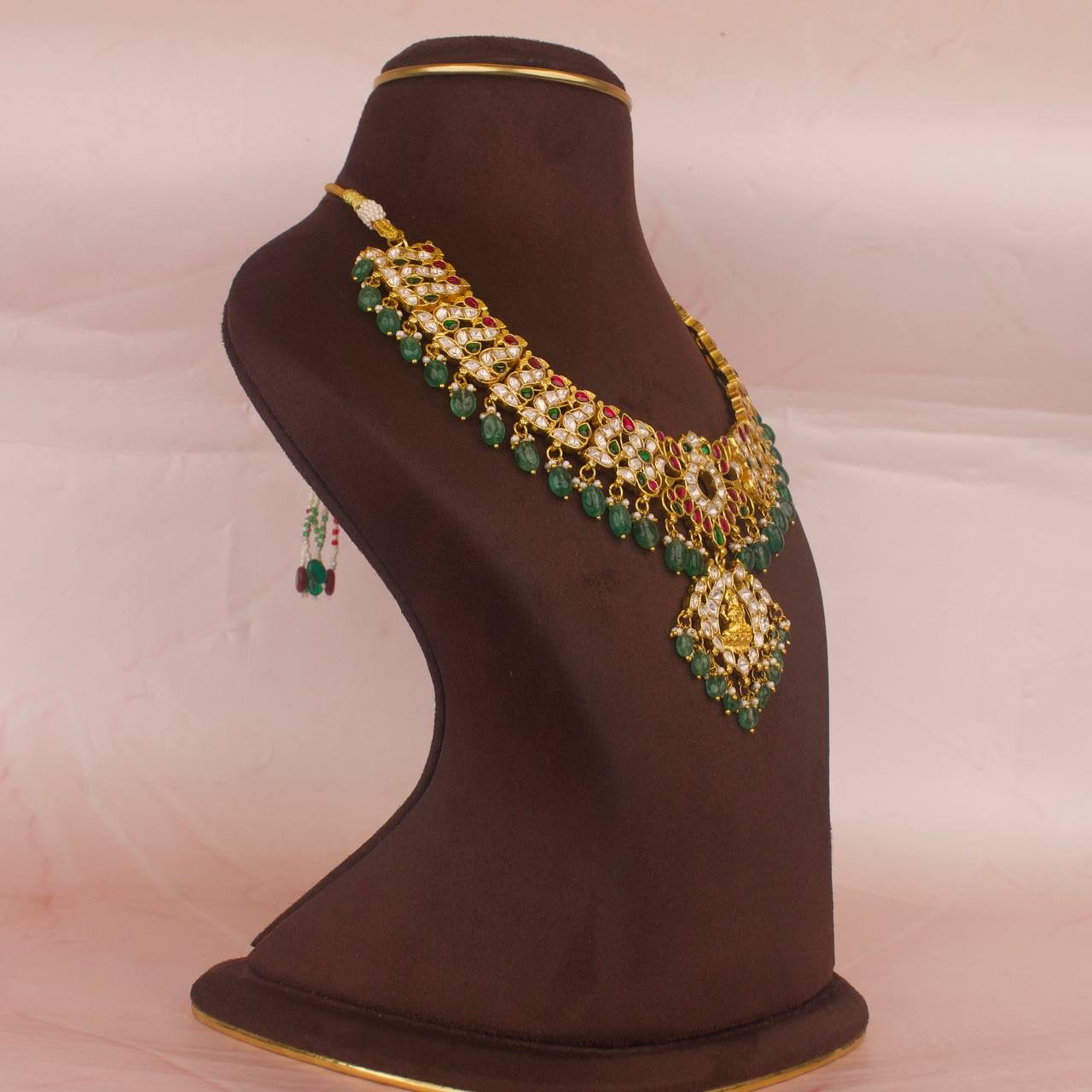 Unique Jadau Kundan & Moissanite Polki Necklace With Beads Hangings