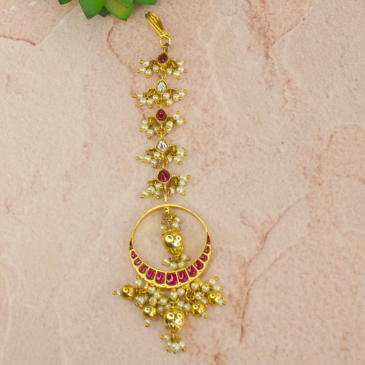 Jadau Kundan Chandbali Maangtika with golden beads and pearls