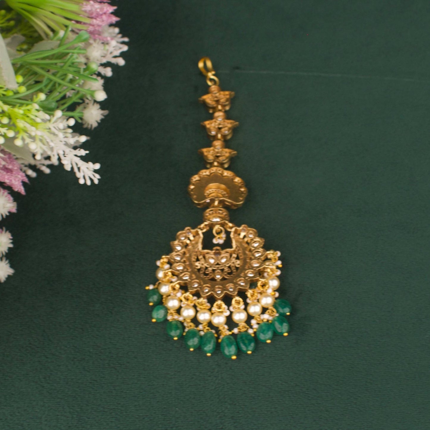Elegant Victorian Maang Tikka With Pearl And Emerald Hangings