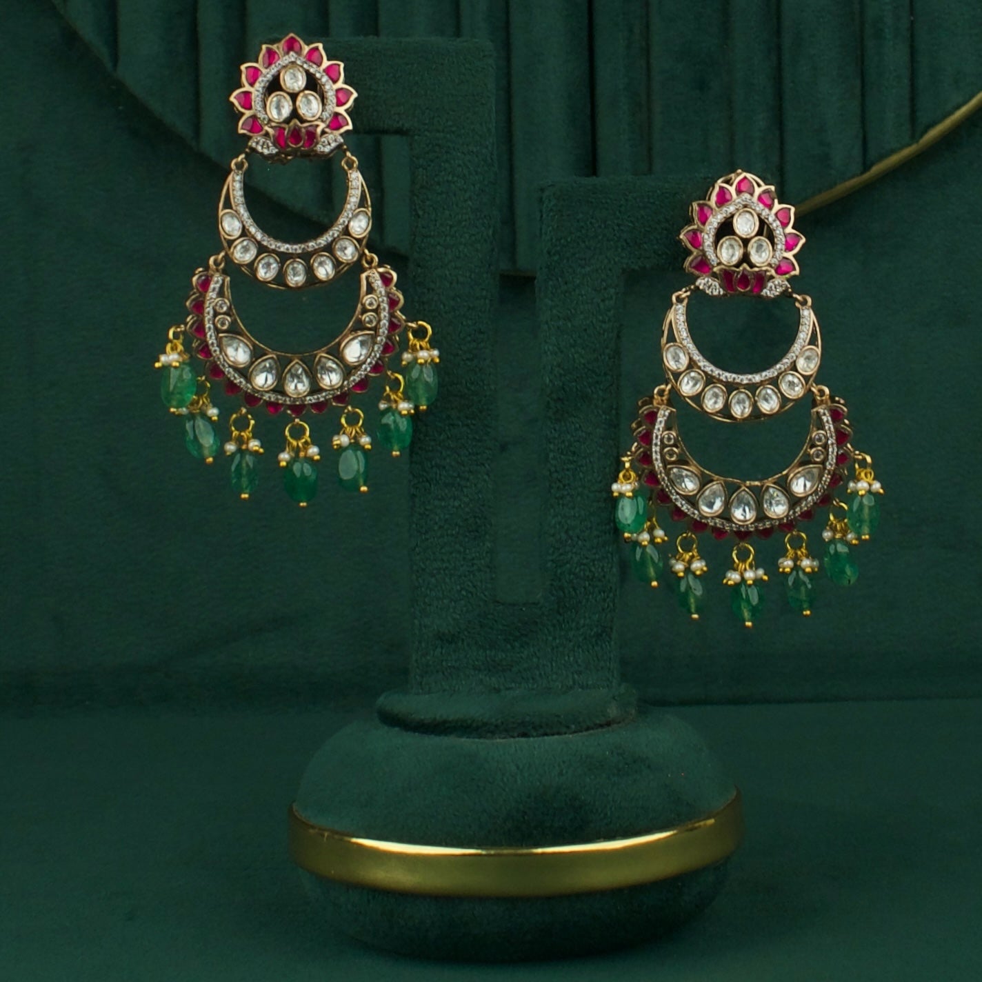 Bridal Step-By-Step Victorian Chand Bali Earrings with Green Beads by DULHAN JEWELS