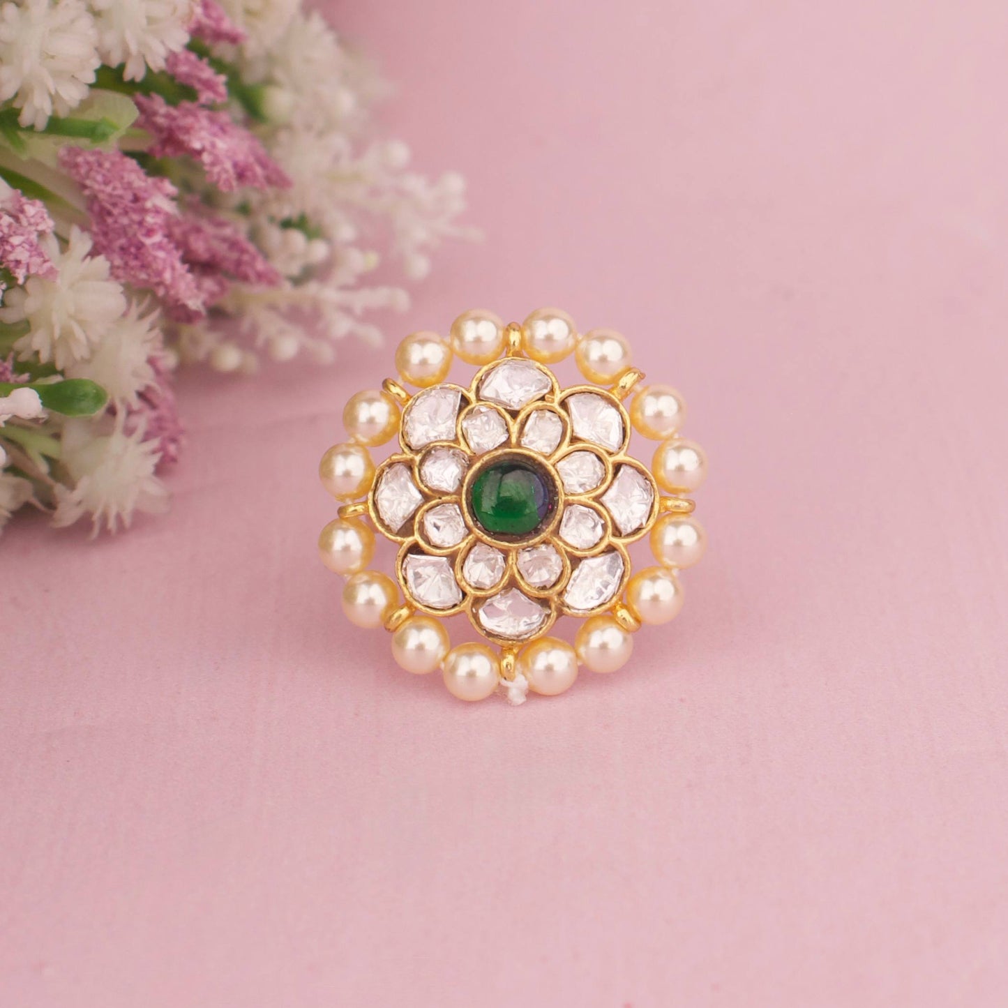 Floral Polki Statement Ring With Emerald Center And Pearl Border