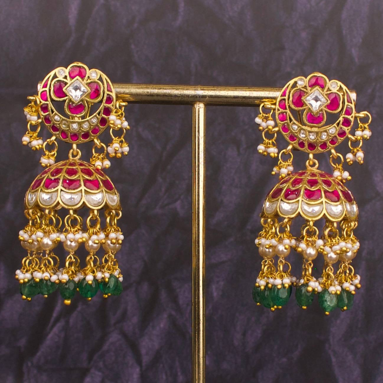 Floral Chand Studded Jadau Kundan Jhumki Earrings With Pearl & Beads Hangings