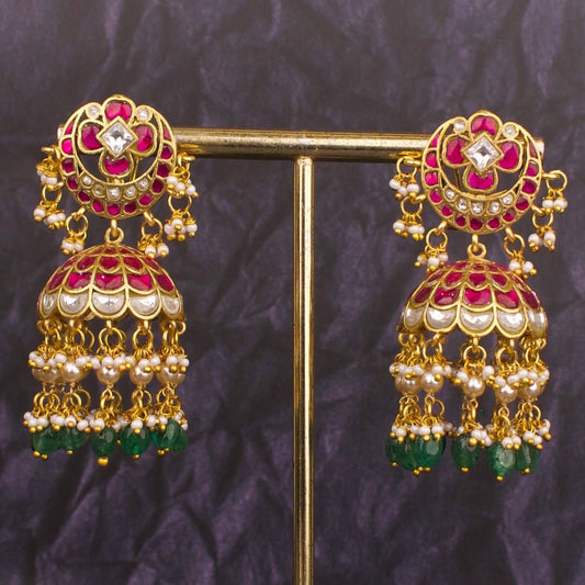 Floral Chand Studded Jadau Kundan Jhumki Earrings With Pearl & Beads Hangings