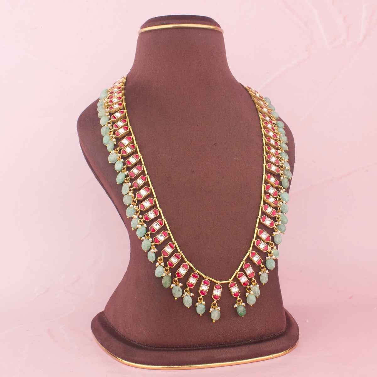 Jadau Kundan Long Necklace With Green Drops