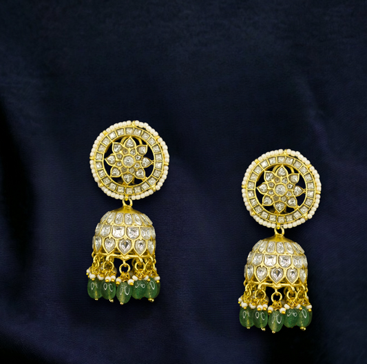 Graceful Blossom Jadau Kundan Jhumkas with Emerald Beads