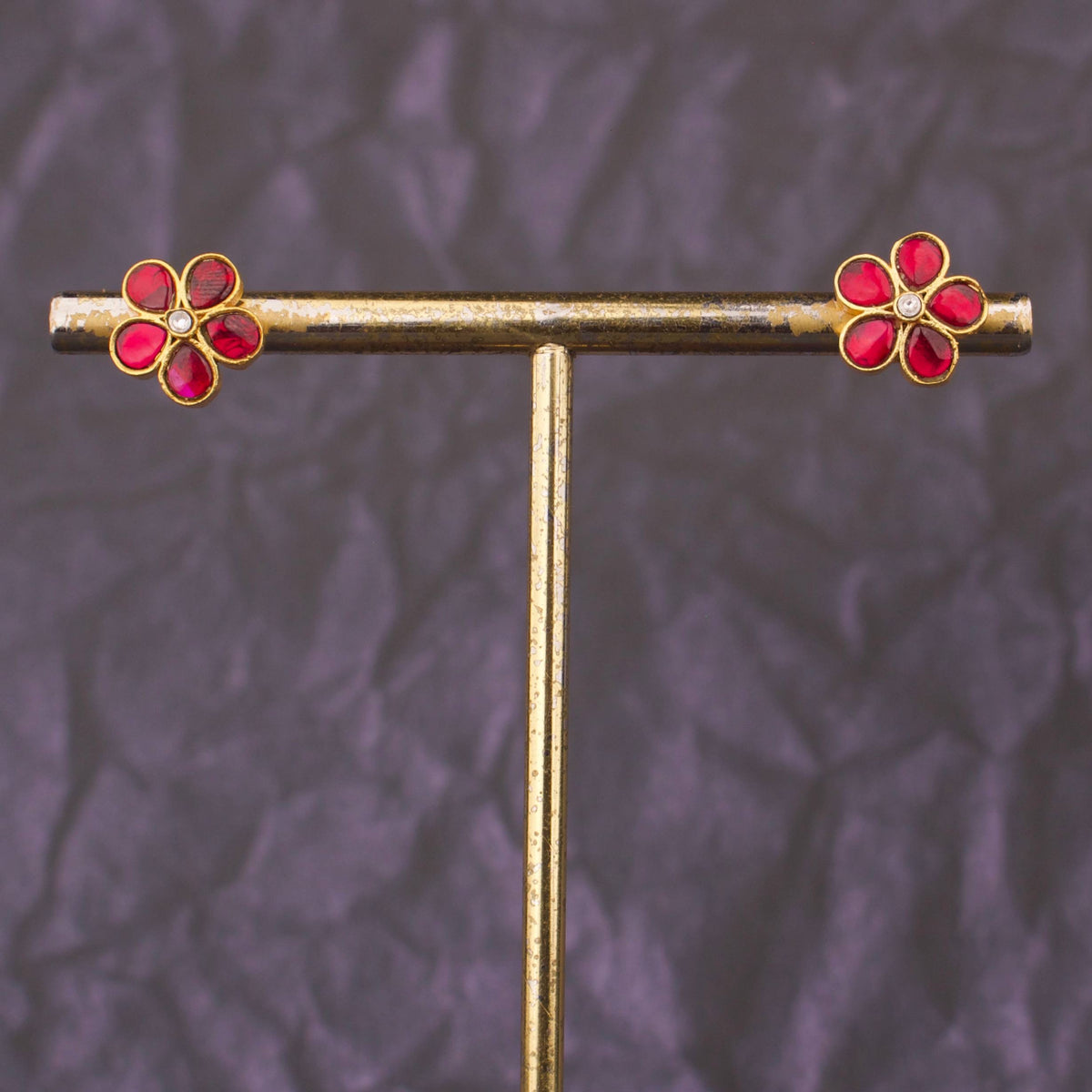 Classic Jadau Kundan Floral Stud Earrings in Gold Finish