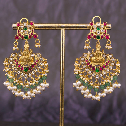 Elegant Temple Style Laxmi Devi Jadau Kundan Chandbali Earrings with Green Beads & Pearls