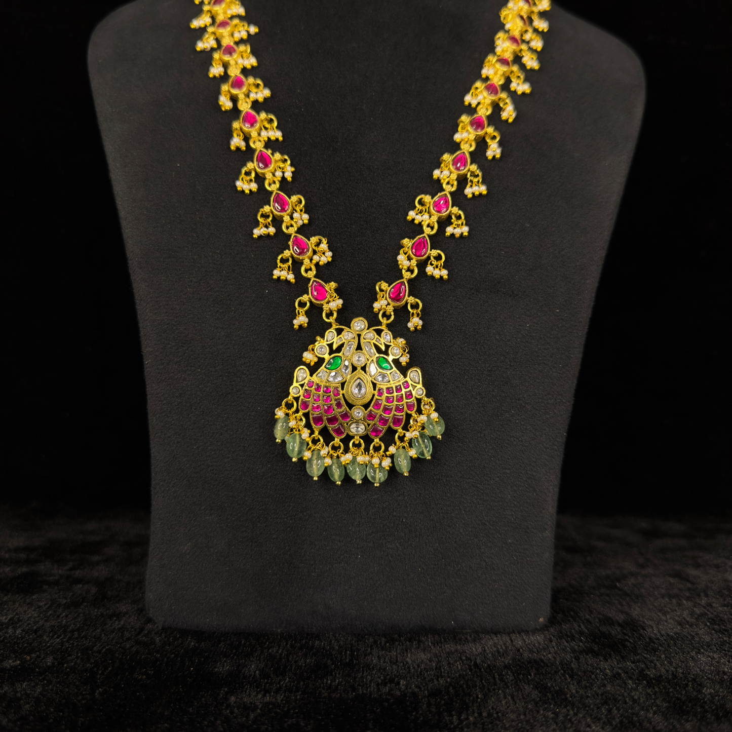 Elegant Gold Plated Long Jadau Kundan Chain Necklace with Peacock Pendant