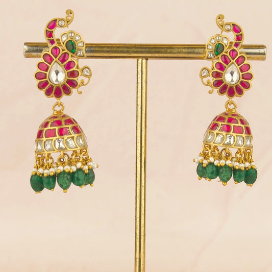 Beauteous Peacock Design Studded Jadau Kundan Jhumki