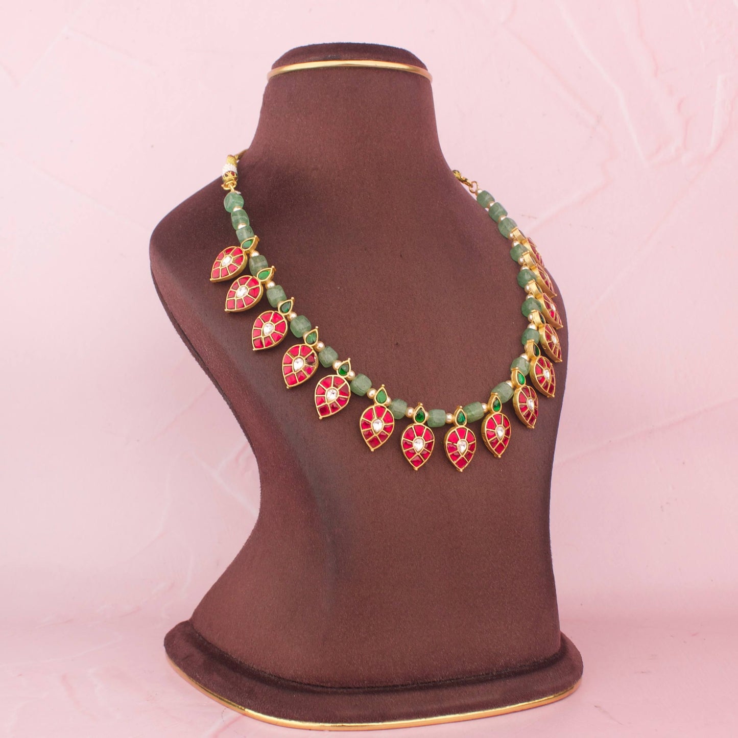 Elegant Jadau Kundan Beads Necklace Set With Ruby Leaf Motifs
