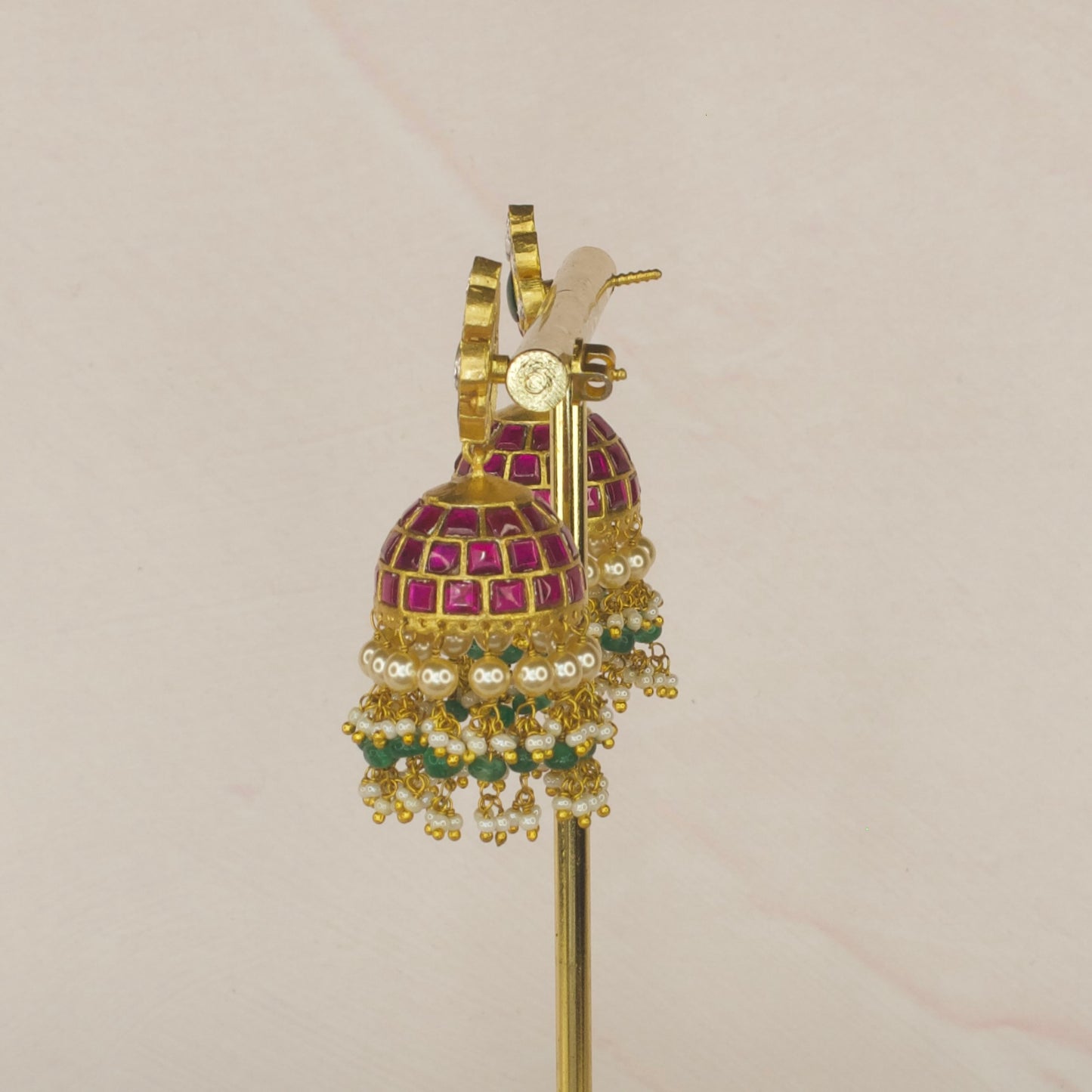 Regal Jadau Kundan Jhumki with Pearl and Green Bead Accents