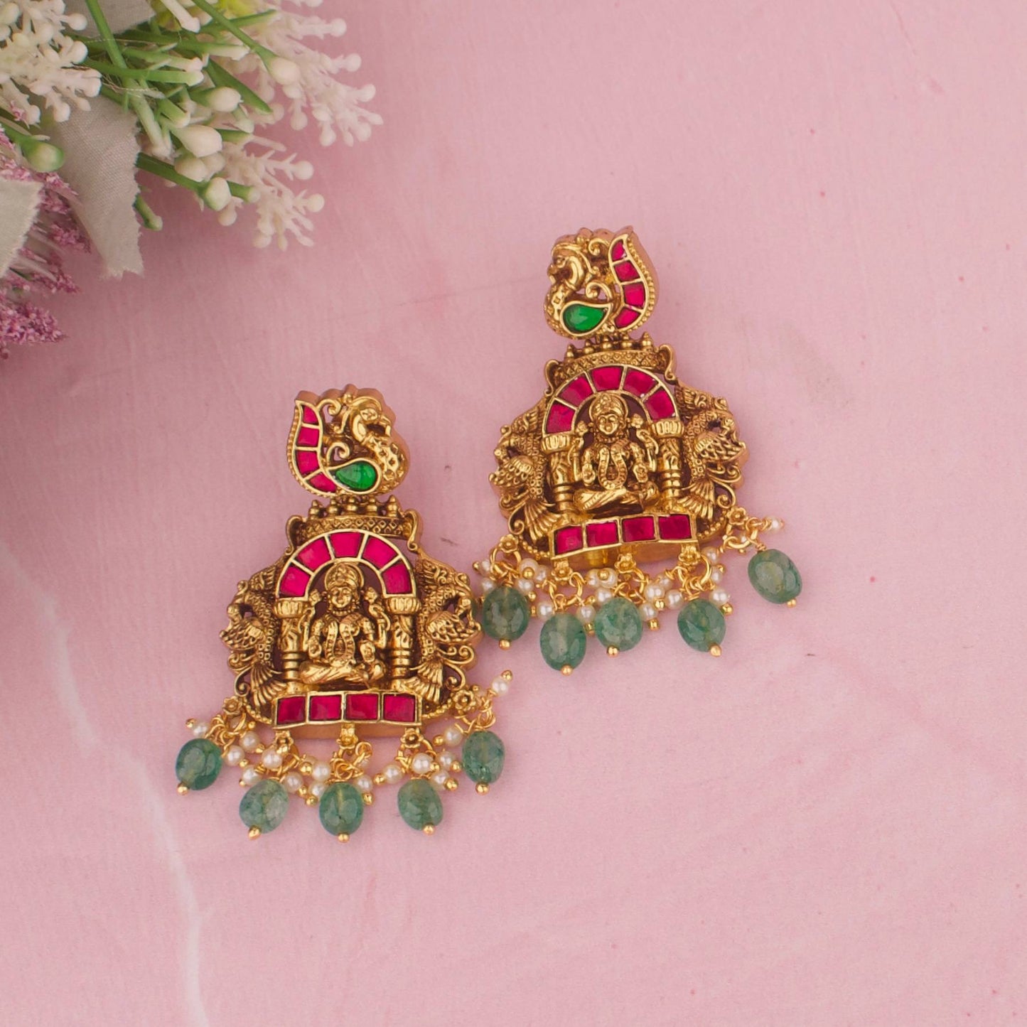 Jadau Kundan Lakshmi Temple Necklace Set With Green Beads