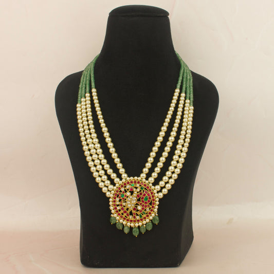 Stunning Majestic Peacock Design Jadau Kundan Pearl Mala With Beads String, perfect for elevating your jewelry collection.
