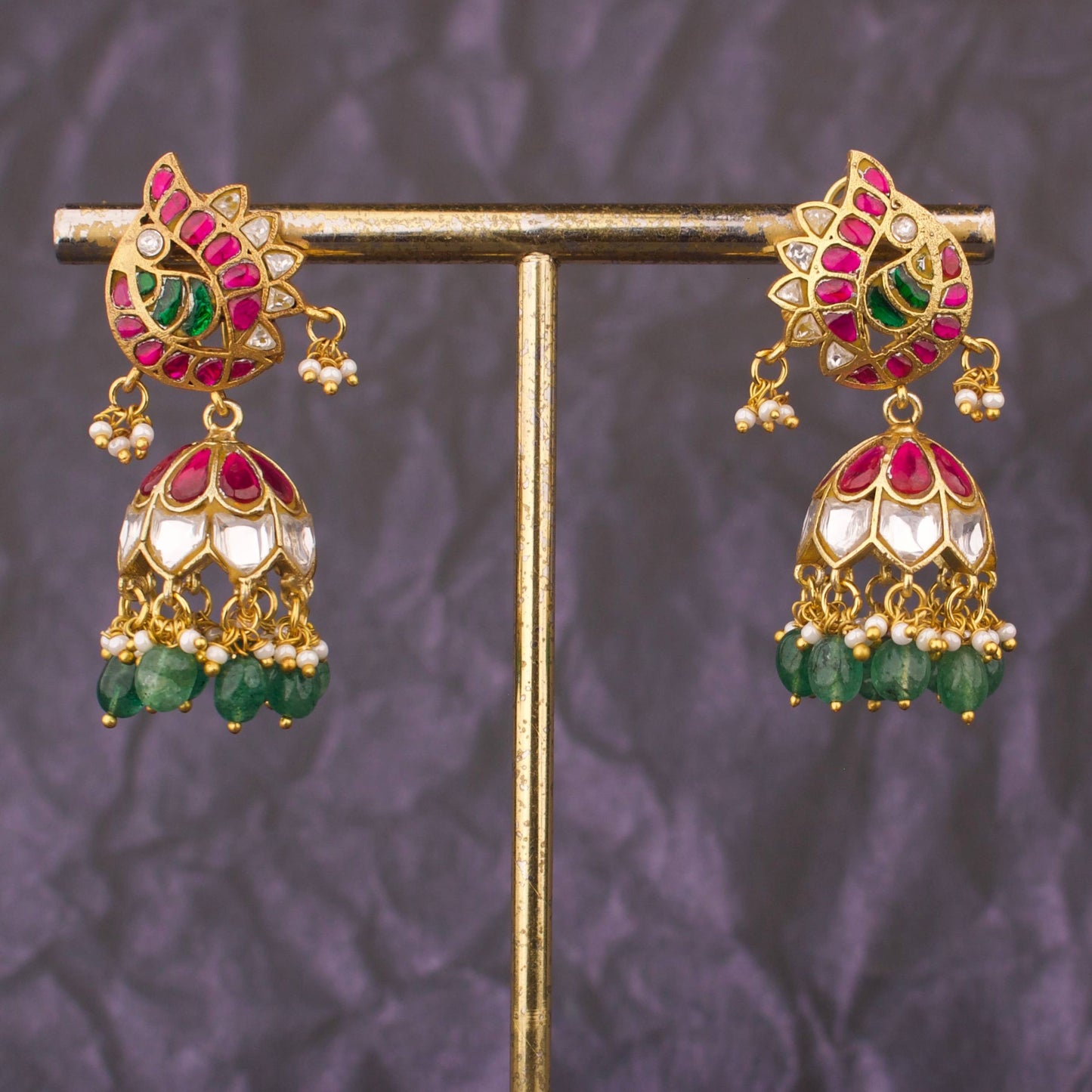 Elegant Gold Finish Jadau Kundan Jhumka Earrings With Green Beads And Pearls