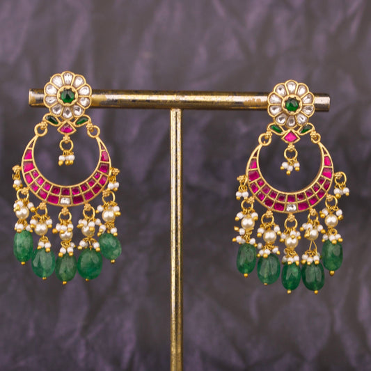 Traditional Jadau Kundan Chandbali Earrings With Emerald Beads