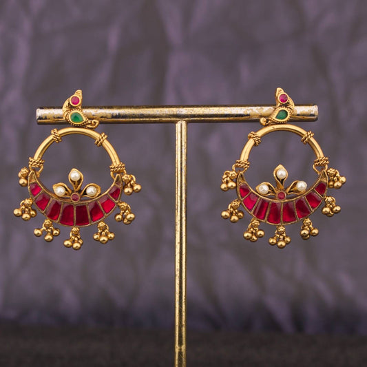 Lavish Jadau Kundan Chandbali Earrings With Peacock Design And Hanging Drops