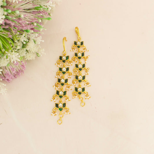 Gold Lotus design Jadau Kundan Matil In Green & White Combination