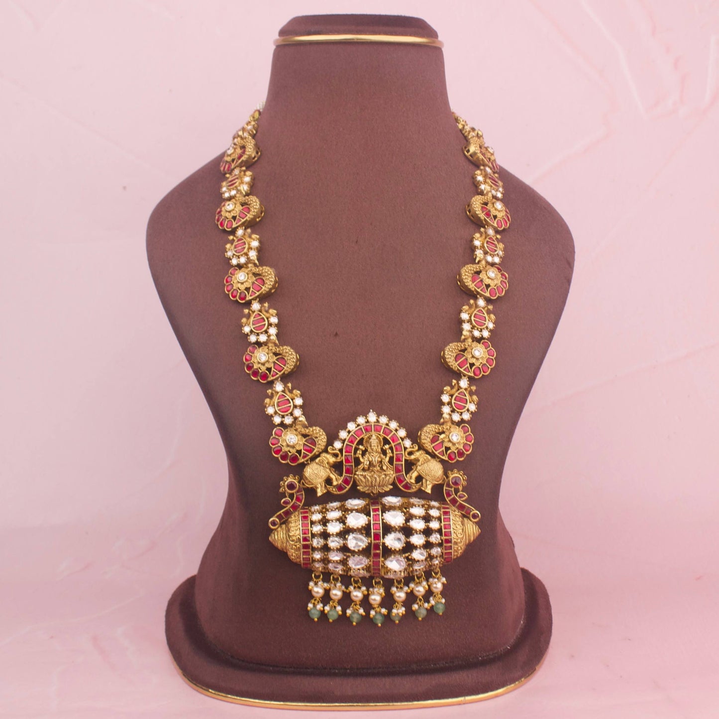 View 7 of Timeless Divine Laksmi Devi and Elephant Design Jadau Kundan Short Necklace Antique Necklace - Authentic Bridal Collection | Dulhan Jewels